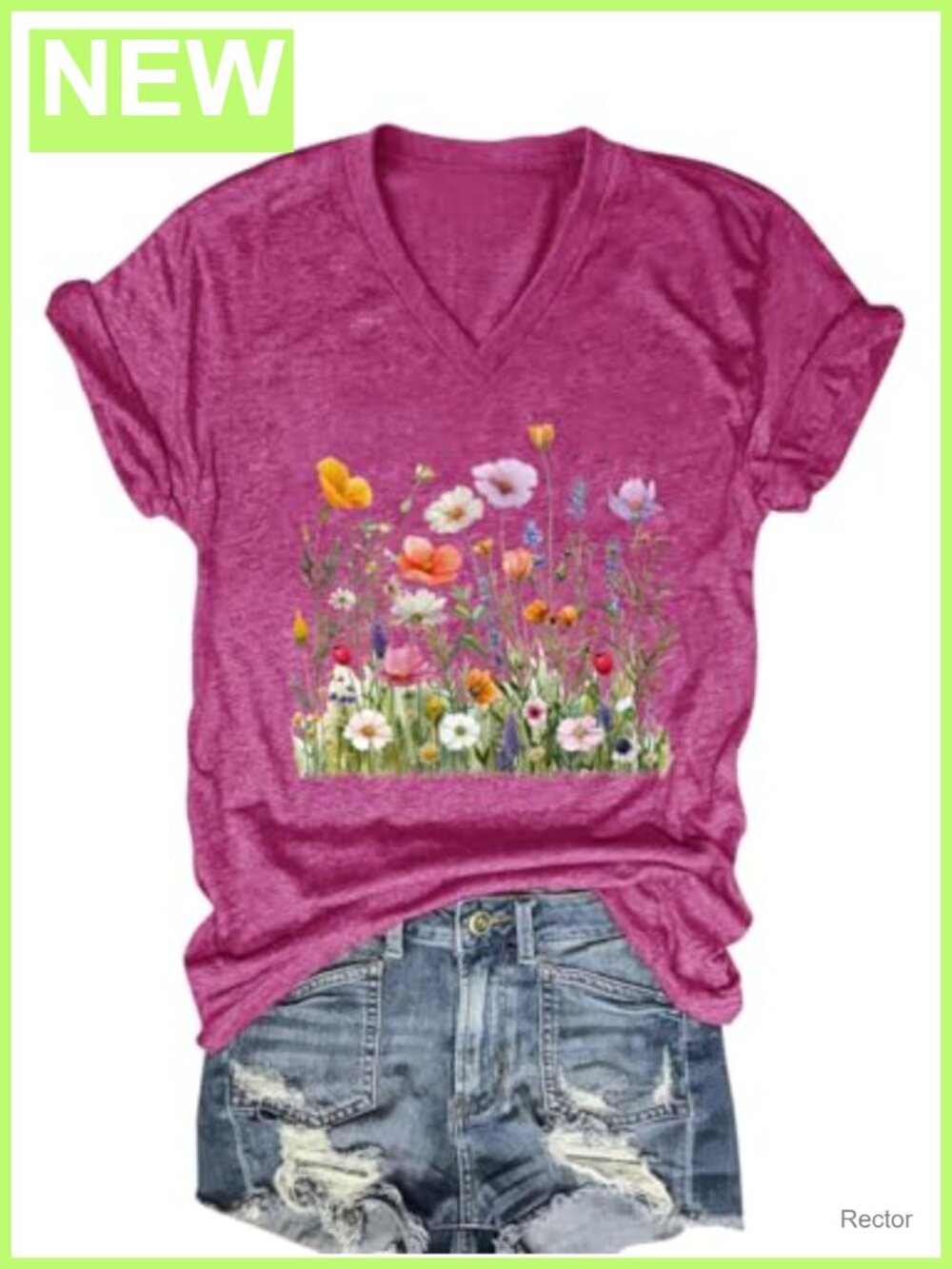 Women's V Neck Wildflower Graphic Tee Short Sleeve Cotton Blend T-Shirt